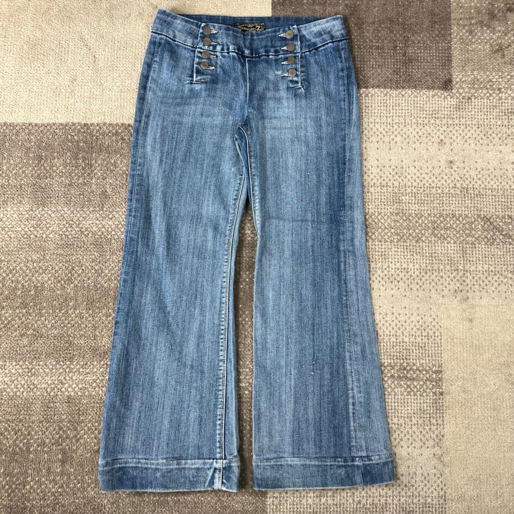 Seven7 Light Blue High-Rise Flare Jeans with Button Detail